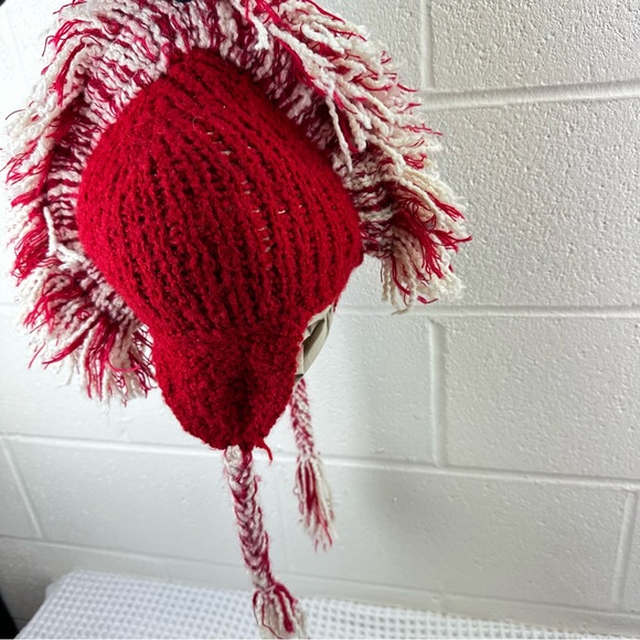 Yusu Tex 100% Alpaca Handmade Knitted Tassel Red White Beanie Mohawk Fringe - Picture 13 of 13